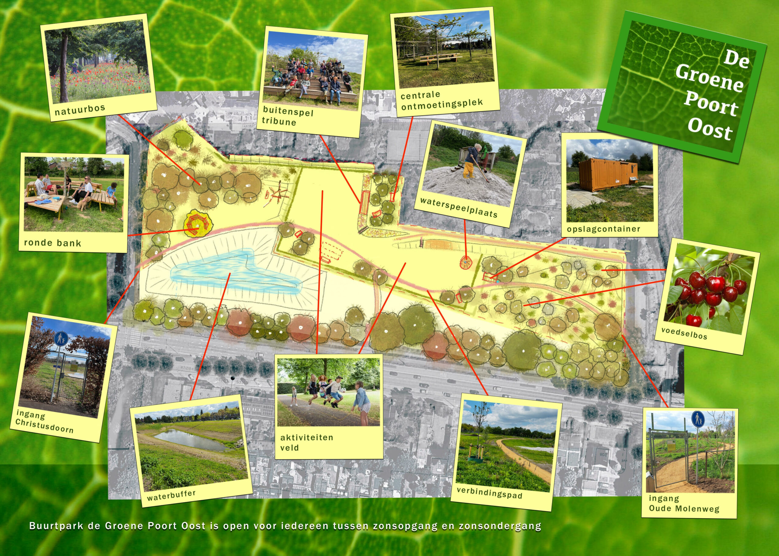 Plattegrond van De Groene Poort Oost met aan de linkerzijde de ingang Christusdoorn, het natuurbos, de ronde bank, de waterbuffer, het activiteiten veld en de buitenspeltribune. Aan de rechterzijde van het park de ingang Oude Molenweg, het voedselbos, de opslagcontainer, de waterspeelplaats en de centrale ontmoetingsplek. Tussen de twee ingangen ligt een verbindingspad.